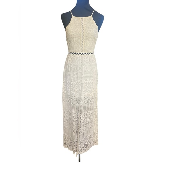 Hollister Ivory Crochet Lace Strappy Halter Maxi Dress Long Slit SZ XS - Picture 1 of 15